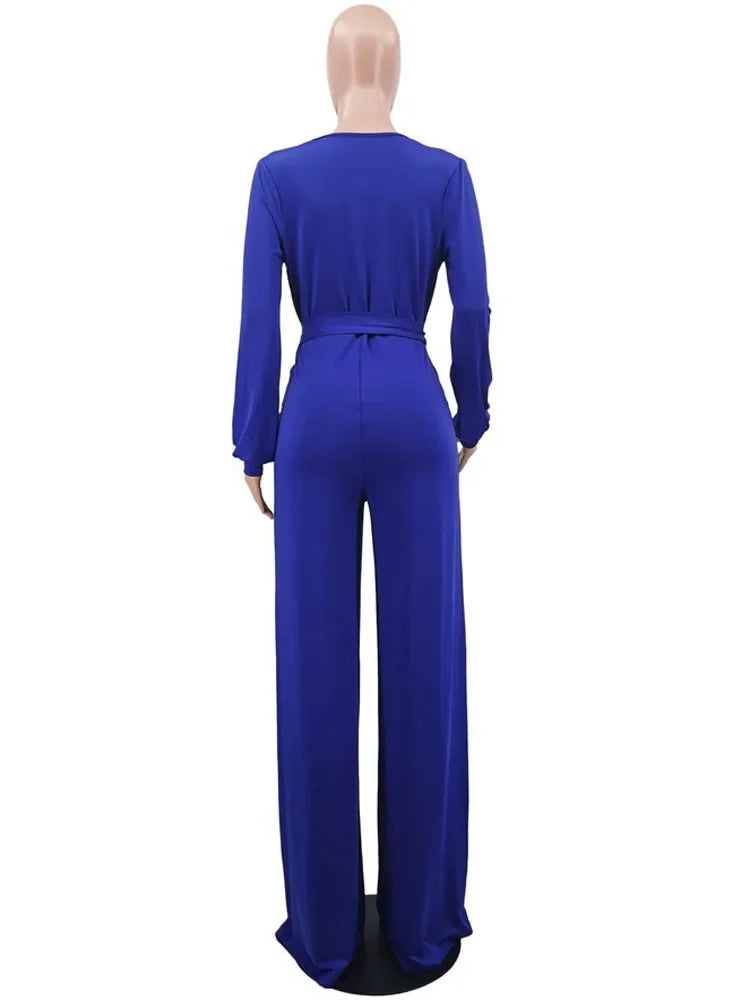 Women Solid Color Knitted V-Neck Long Sleeve Straight Jumpsuit With Belt