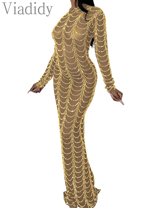 Sexy Rhinestone Sheer Mesh Long Sleeve  Party Dress