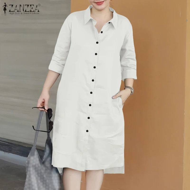 2025 Fashion Autumn Shirt Dress Women Lapel Neck 3/4 Sleeve Sundress Casual Loose OL Work Dresses Button Midi Robe Kaftan