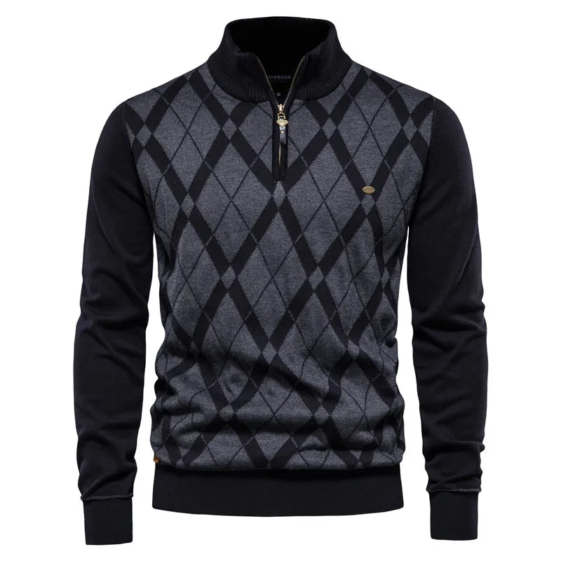 Men's Argyle Solid Colour Cardigan Casual Quality Zipper Cotton Winter Sweaters Basic Cardigans for Men