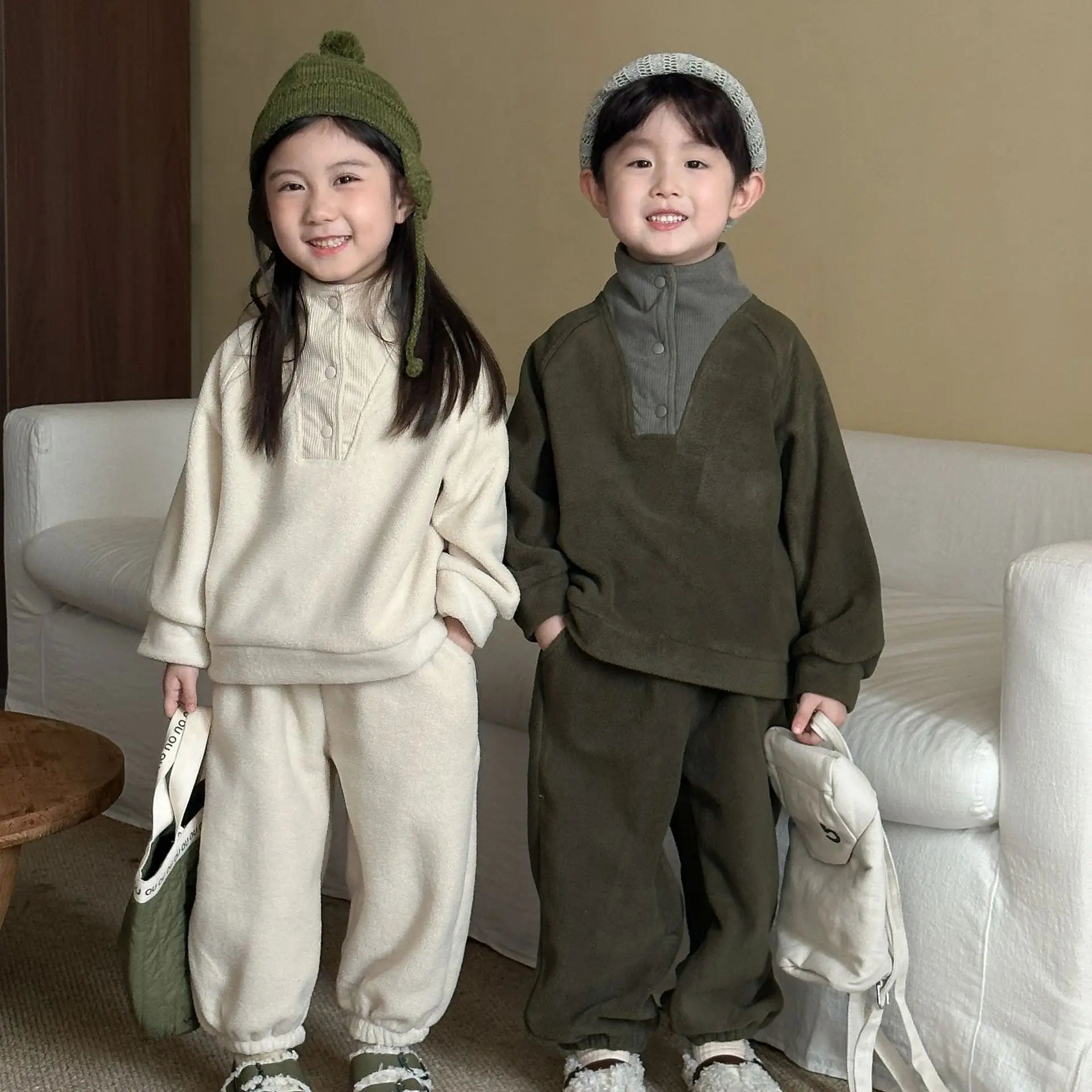Unisex 2Pcs Autumn Winter Warm Clothing Set Fleece Hoodie and Pants Suit Turtleneck Double Fleece Kids Tracksuit