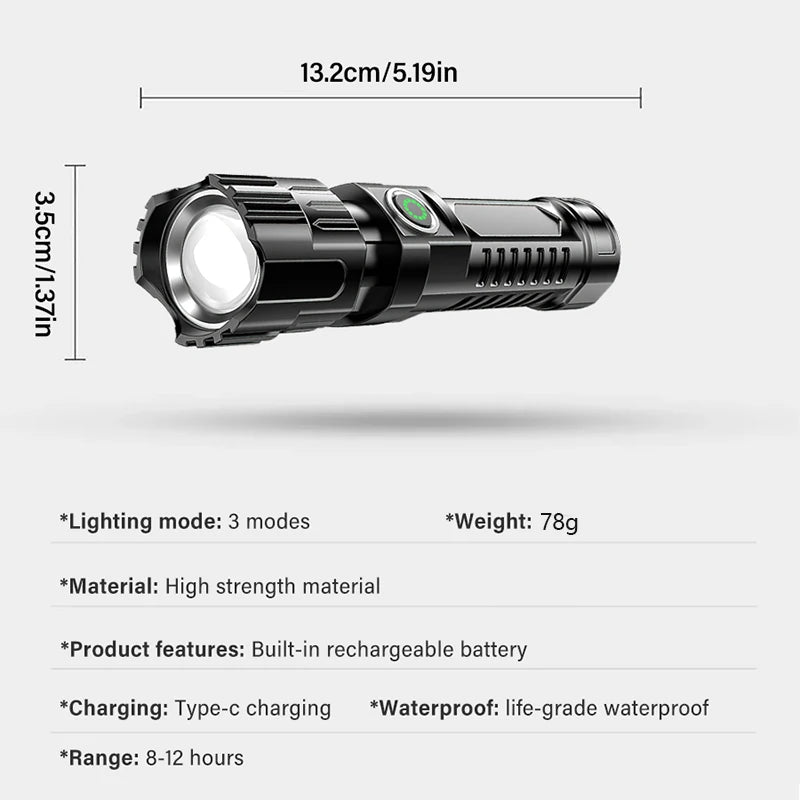 Super Bright Zoom Flash Flashlight,3 Lighting Modes,Rechargeable Portable LED Torch,Ideal for Outdoor,Camping,Fishing,Emergency