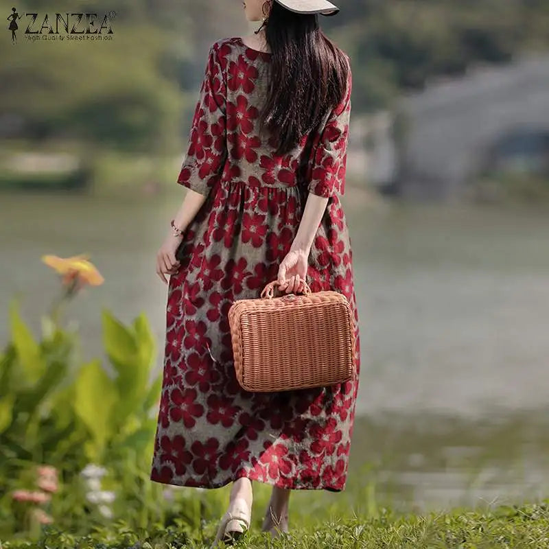 Bohemian Floral Printed Dress Autumn Long Sleeve O-Neck Maxi Robe Woman Casual Holiday Sundress Elegant Party Vestidos