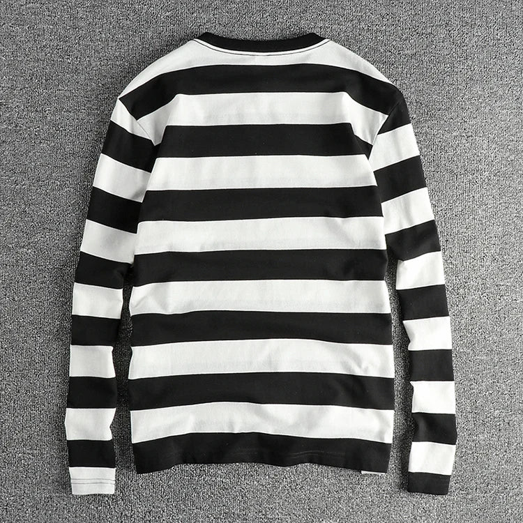 2024 Autumn New American Retro Long Sleeve O-neck Micro Chapter Striped T-shirt Men's Fashion 100% Cotton Washed Casual Tops