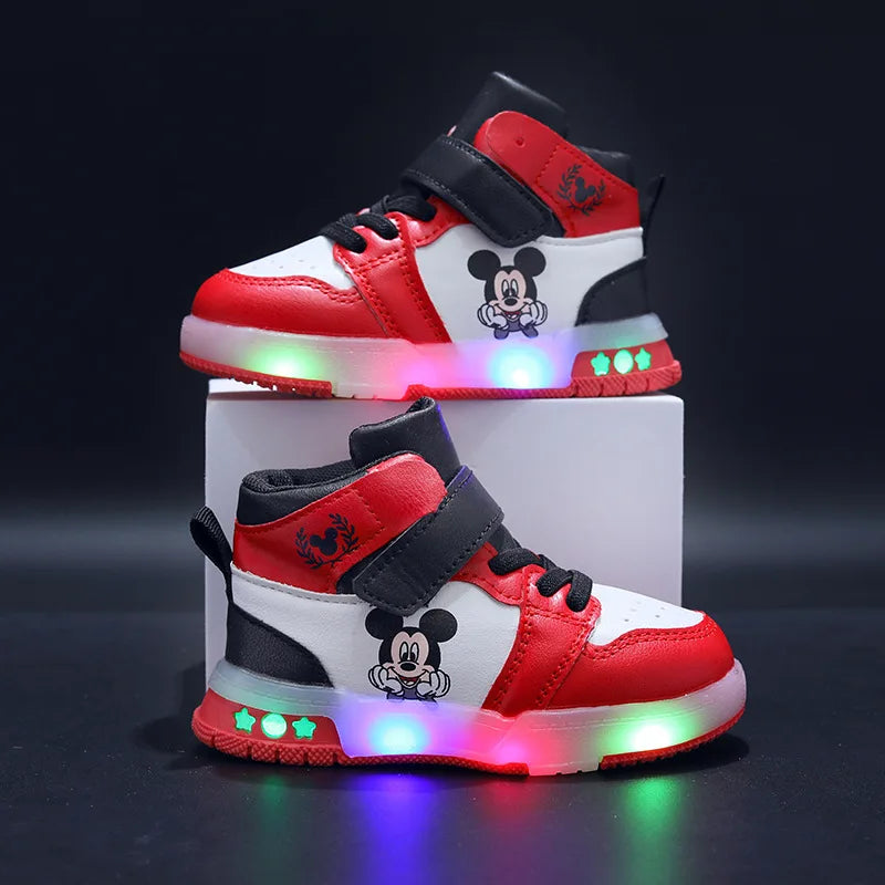 Disney Girls' Casual Sneakers PU Leather Mickey Mouse LED Light-Up Children's Sneakers - 1-6 Years Old Sports Casual Footwears