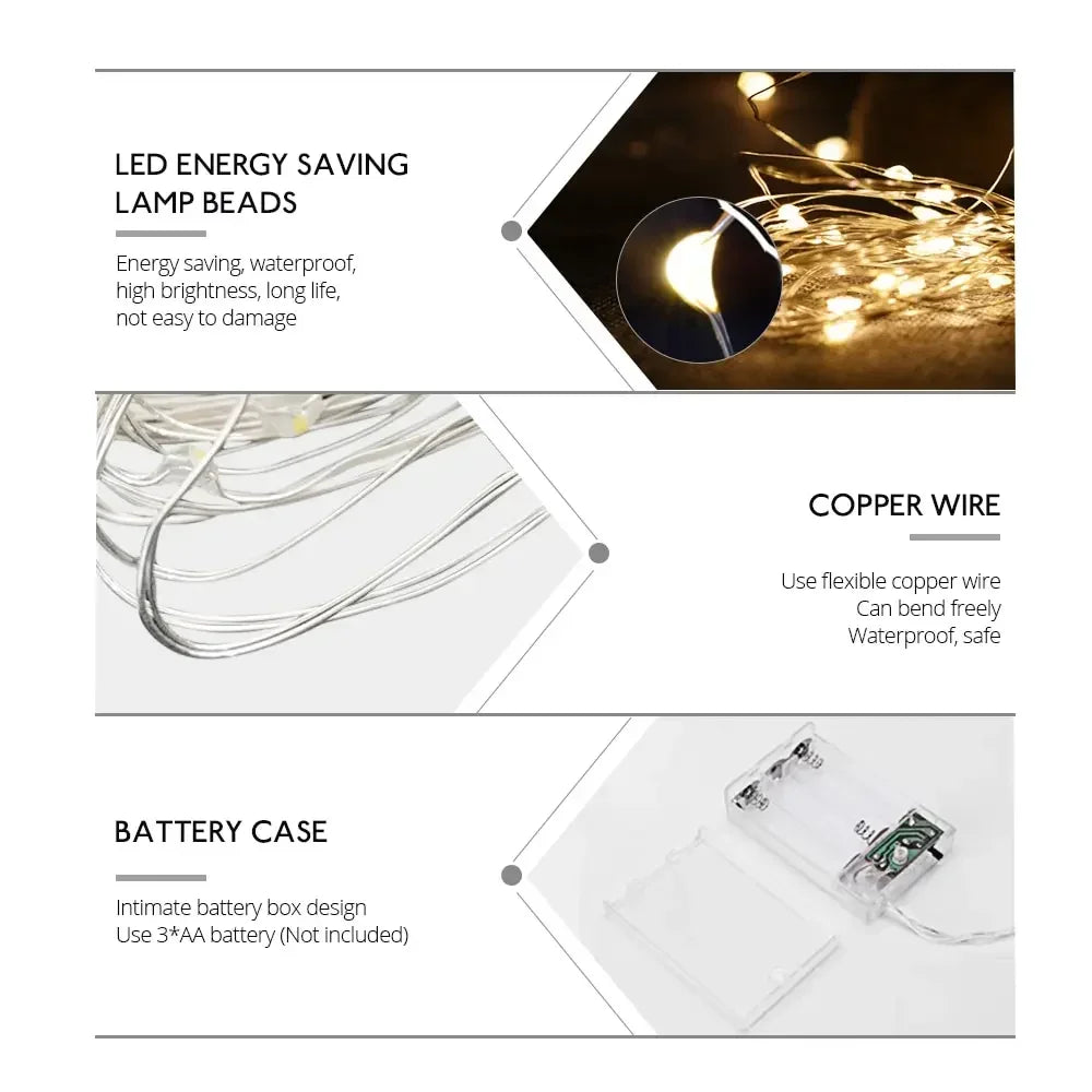 2M 5M 10M LED-lichtsnoer op batterijen, koperdraad, slingerverlichting, buiten, tuin, bruiloft, feest, kerstboomdecoratie