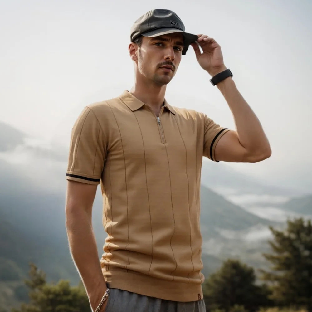 Men's Solid Colour Sport Zipper Polo Shirt Athletic Social Polo Shirts for Men Office Slim Fit Polo