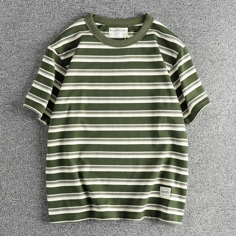 2024 Zomer Nieuw Amerikaans Retro 240g Korte Mouw O-hals Gestreept T-shirt Heren Eenvoudig 100% Katoen Gewassen Zware Casual Tops