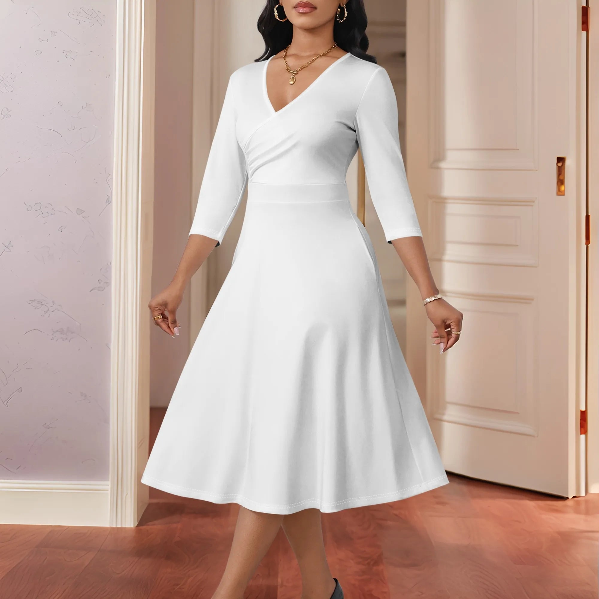 Ladies' casual flared midi dress, wedding guest cocktail tea party dress, A-line swing V-neck, three-quarter sleeves.