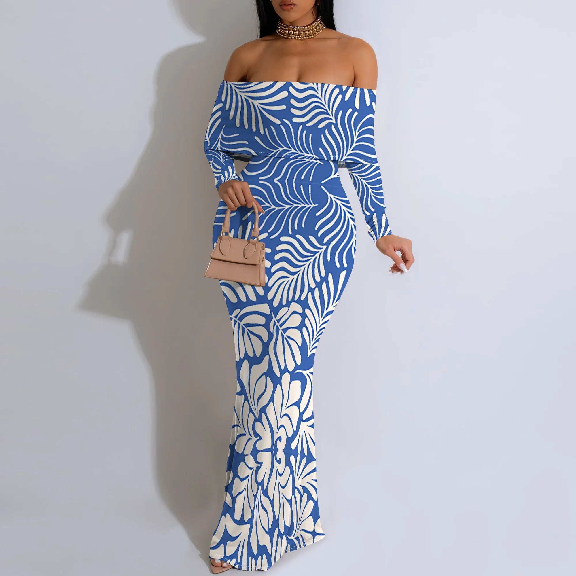 Yellow Floral Print Maxi Dress Off Shoulder Long Sleeve Elegant Bodycon Gown for Spring Picnic