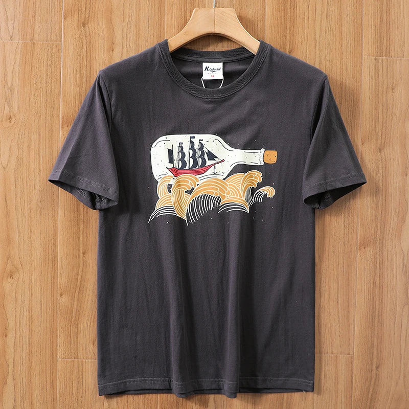 2025 Summer New American Retro 250g Short Sleeve O-neck Printed T-shirt Men's Fashion 100% Cotton Washed Casual Loose Tops