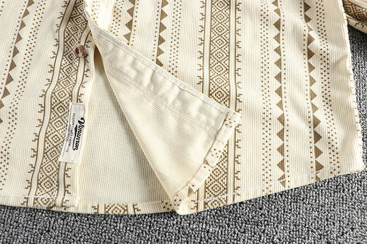 Lente Nieuwe Amerikaanse Retro Lange Mouw Revers Navajo Totem Bedrukt Shirt Herenmode 100% Katoen Gewassen Casual Blouses Dunne Jas