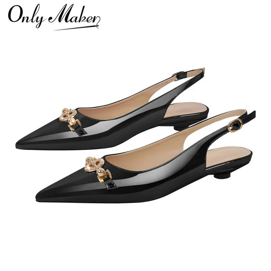 Women Pointed Toe Slingback Sandals Big Size Patent Leather Ankle Strap Party Dress Shoes