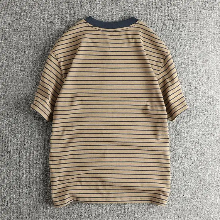 2025 Zomer Nieuwe Amerikaanse Retro 230g Korte Mouw O-hals Pet Borduurwerk Gestreept T-shirt Heren Eenvoudig Gewassen Oude Casual Losse Tops