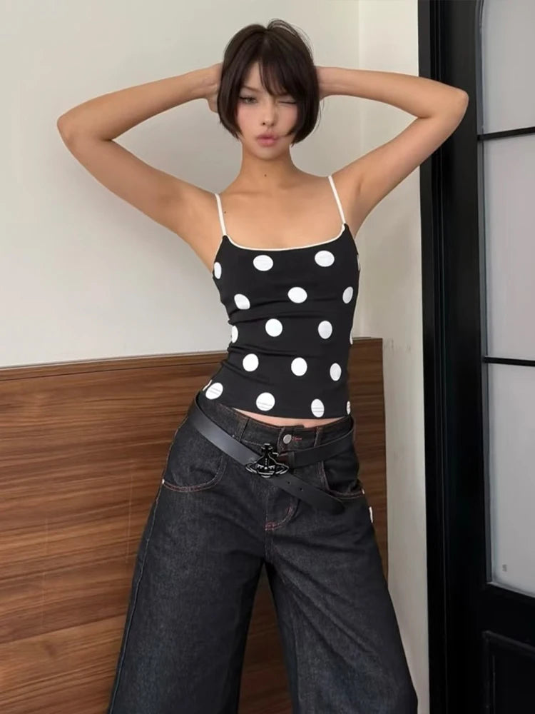 Polka Dot Patchwork Camisole Women Y2K Style Spaghetti Strap Skinny Stretch Street Fashion Versatile Style Tank Tops
