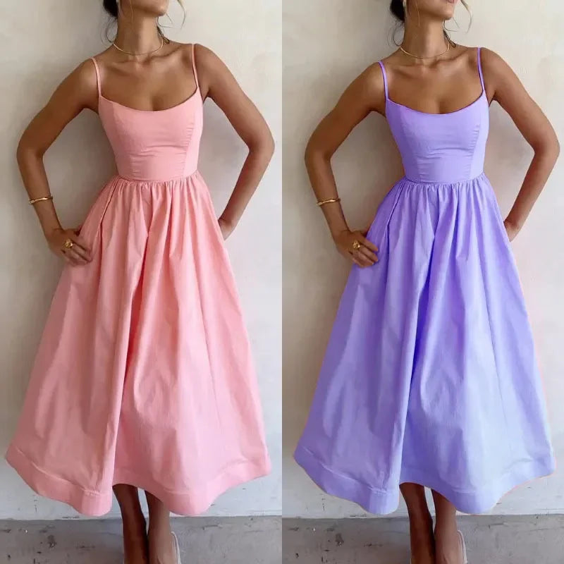 U-neck Summer Women's Dress Vintage Elegant Sleeveless Camisole Slim Pleated Sundress Loose Host A Performance Party Long Dress