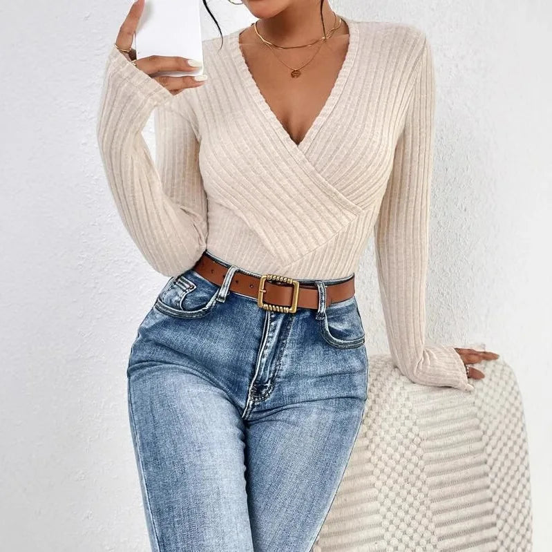 Long Sleeve Women's V-Neck Casual Beige Bodysuit Ribbed Knitted Skinny Body Suit Top for Women 2025 New Spring Autumn Outfits