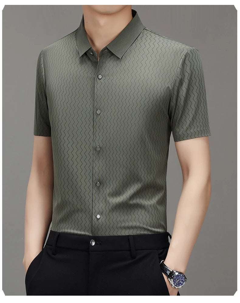 Men's Summer Lapel Shirt, Slim Fit Short-Sleeved, Fashion Dark Pattern Knitted Fabric Polo Shirt