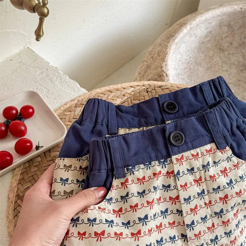 2025 Zomer Nieuwe Baby Meisjes Strik Print Shorts Katoenen Kinderen Losse Shorts Kinderen Veelzijdige Casual Broek Ademende Peuterkleding 4-6Y