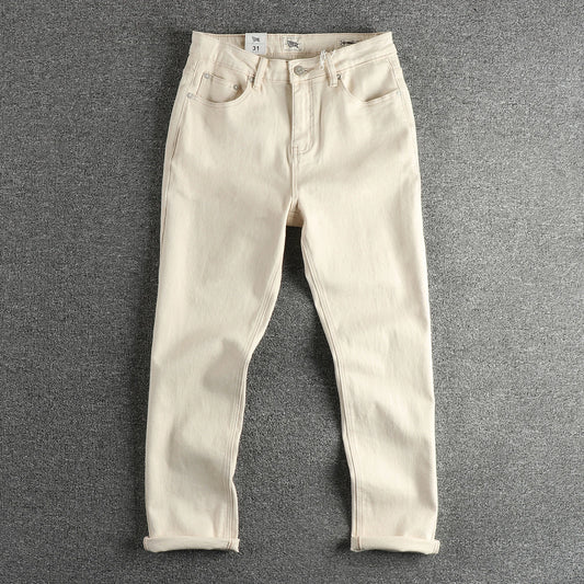 2025 Lente Herfst Nieuwe Amerikaanse Retro Beige Witte Denim Cargo Jeans Heren Eenvoudige 98% Katoen Gewassen Amekaji Casual Rechte Broek