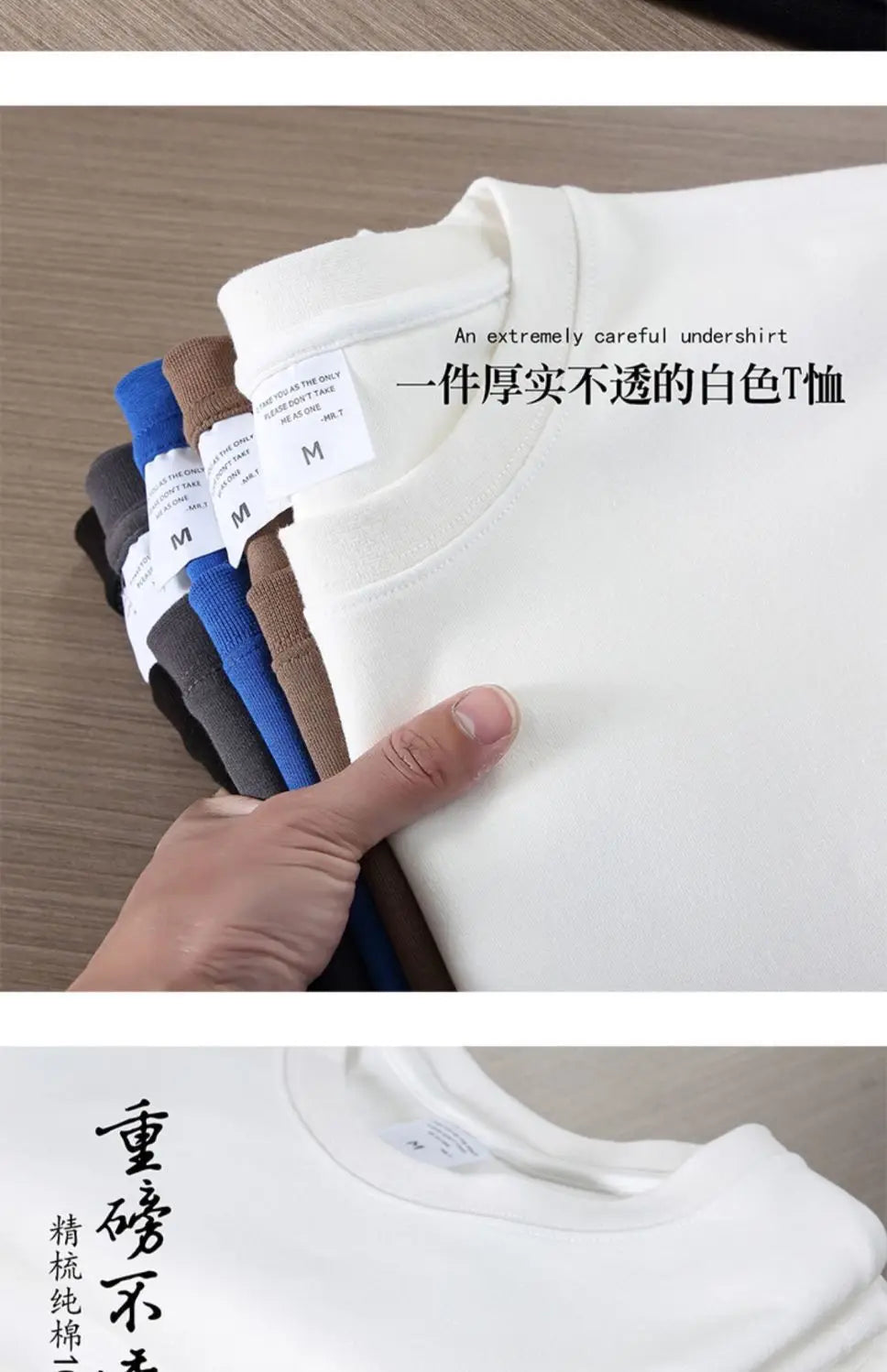 Black White GSM 500g Heavy-Duty Pure Cotton T-shirt Thickened Threaded Round Neck Short Sleeves Three Needle Half Sleeve Tees