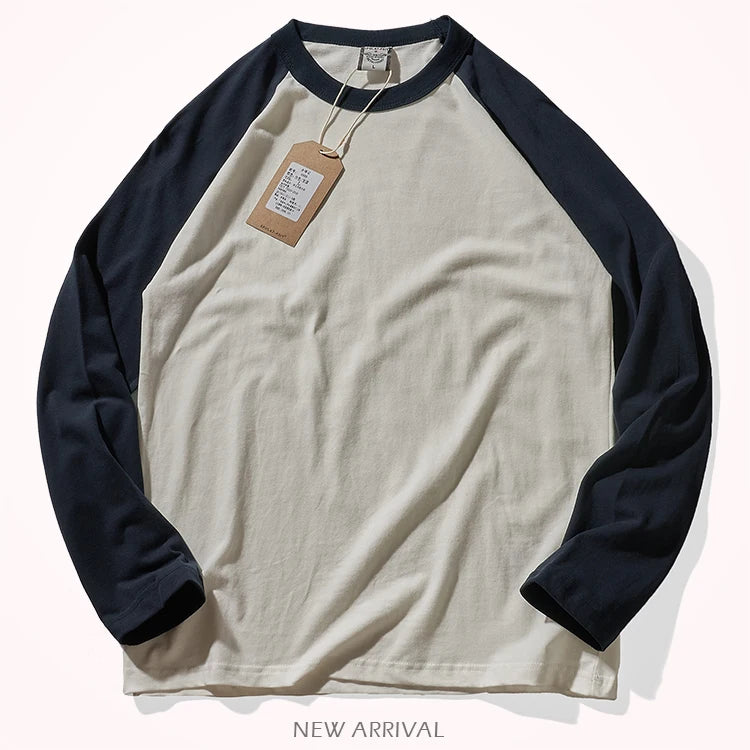 Autumn New American Retro Long Sleeve O-neck Contrast Splicing T-shirt Men's Fashion 100% Cotton Washed Old Casual Sport Tops