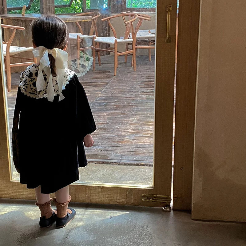 Autumn Velvet Vintage Style Kids Long Dress for Girls Floral Round Collar Princess Kids Clothes Dresses 2-6 Years