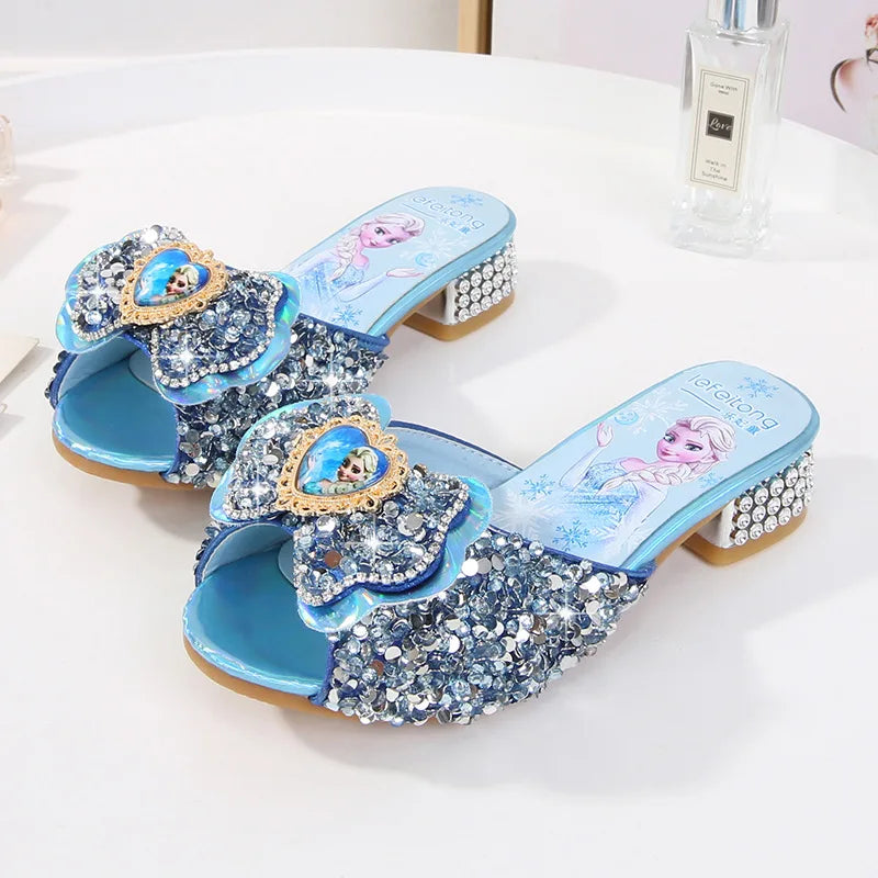 Girl's Summer Sandals Fashion Slippers Sequined Princess Children High Heel Party Dress Elsa Shoes Leather Slipper For Girls