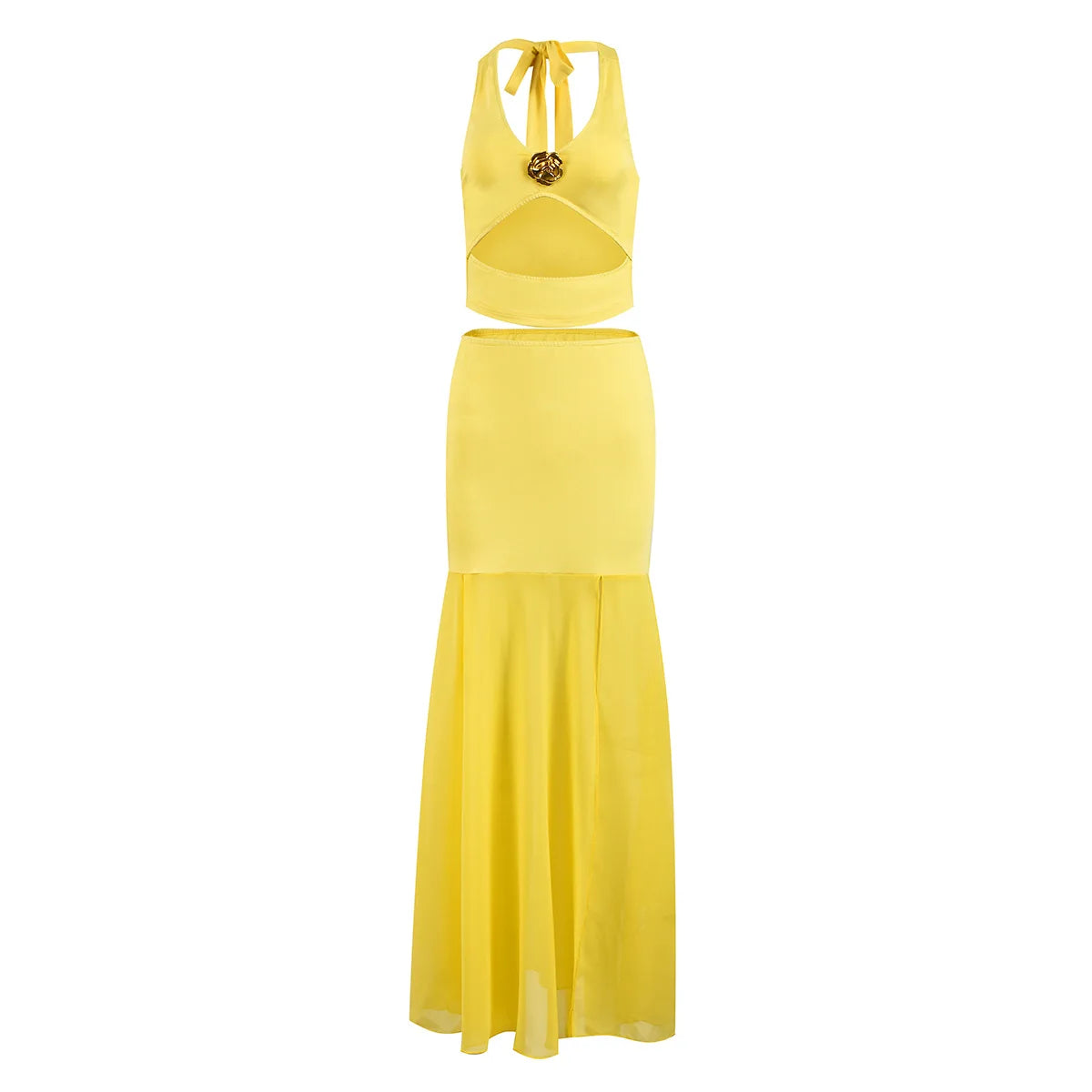 Sexy Fashion 2 Piece Set Women Metal Flower Decoration Halter Hollow Tops + Mesh Patchwork Long Skirts Elegant Outfits