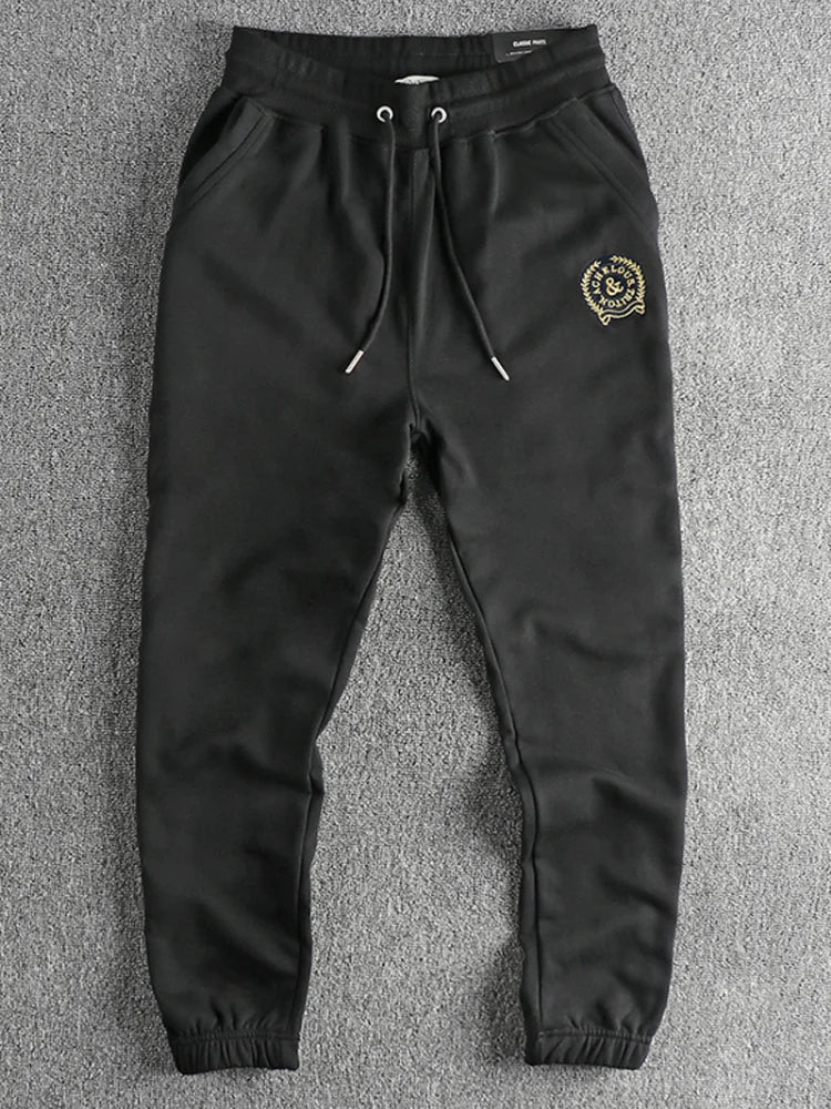 Herfst Amerikaanse Retro Terry Gebreide Borduurwerk Joggingbroek Heren Eenvoudige Elastische Taille Trekkoord Sport Casual Jeugd Losse Broek
