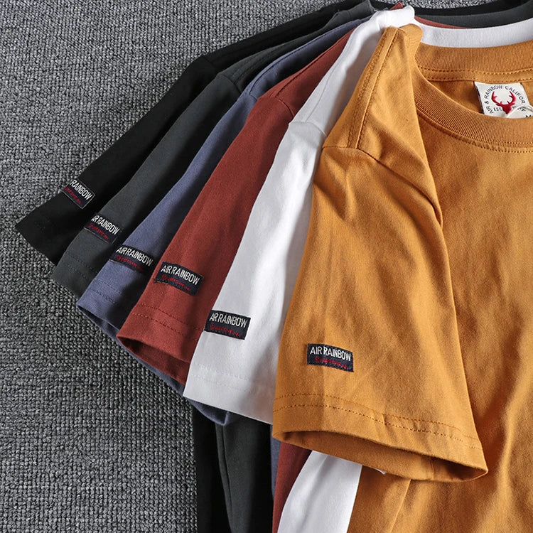 2022 Zomer Nieuw Amerikaans Retro T-shirt met korte mouwen en ronde hals, effen kleur, herenmode, eenvoudig, 100% katoen, gewassen, oude casual tops