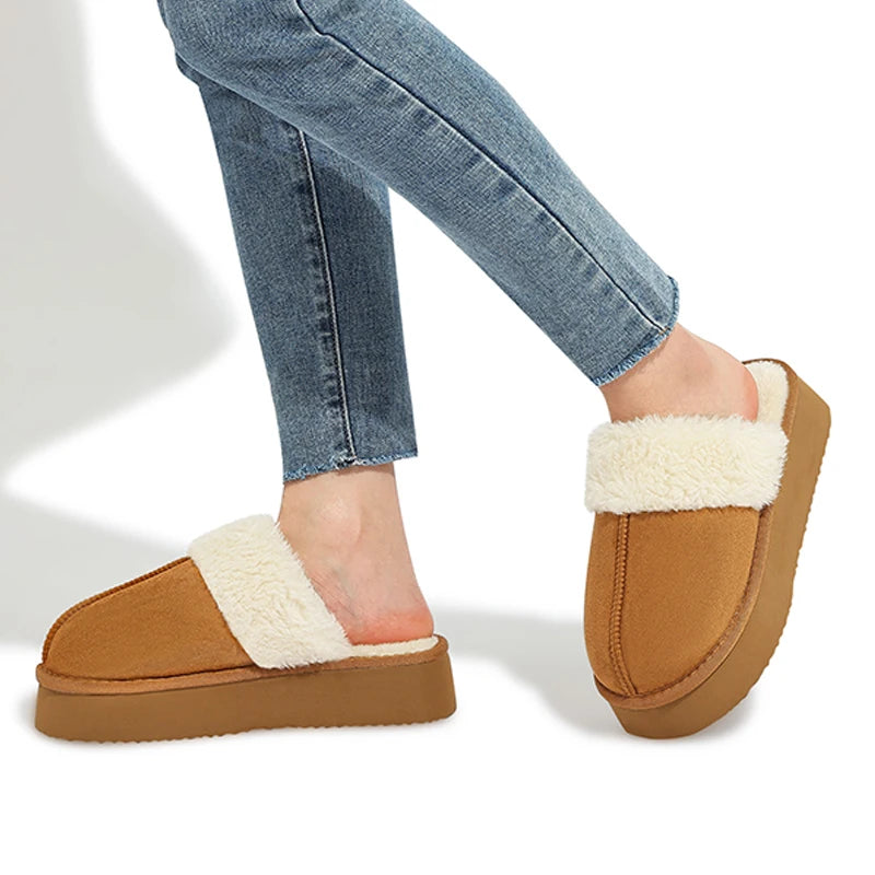 Women's Fluffy Plush Winter Shoes With Thick Sole Fuzzy Slides Suitable For Indoor and Outdoor Use With Anti-Slip Platform Fur Slippers