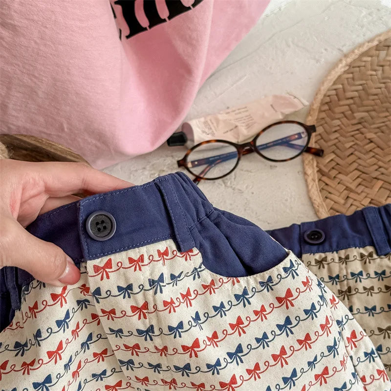 2025 Zomer Nieuwe Baby Meisjes Strik Print Shorts Katoenen Kinderen Losse Shorts Kinderen Veelzijdige Casual Broek Ademende Peuterkleding 4-6Y