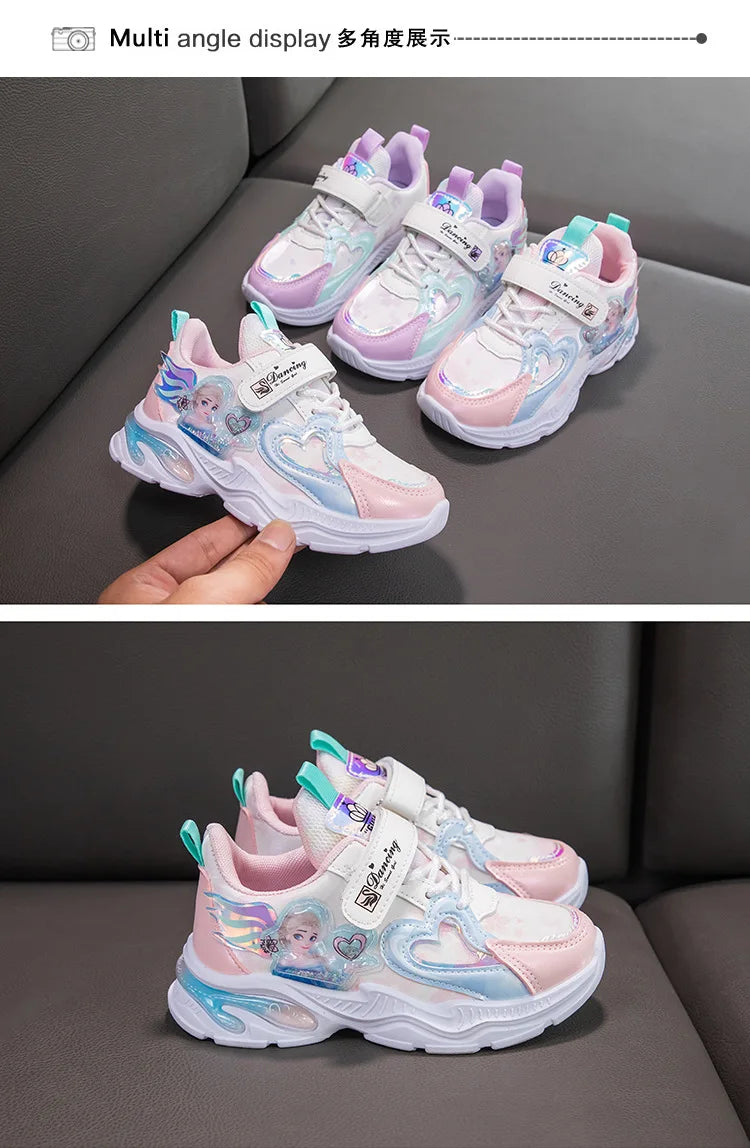Girls' Casual Shoes Frozen Princess Elsa Sneakers Mesh Leather White Breathable Sole Children's Sport Shoes Size 26-37