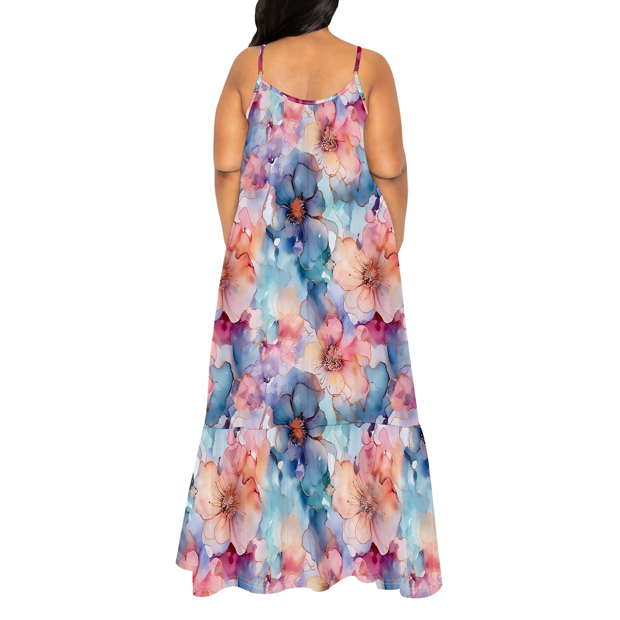 Watercolor Floral Print Sleeveless Maxi Dress Women Casual Beach Style Spaghetti Strap Outfit