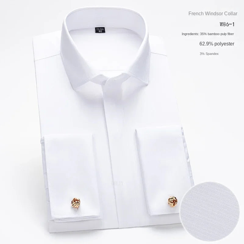 2024 Niche Chic Dubbelgevouwen Mouw Windsor Kraag Zakelijk Overhemd met Lange Mouwen Heren Hoogwaardige Jurk willekeurige Franse Manchetknopen