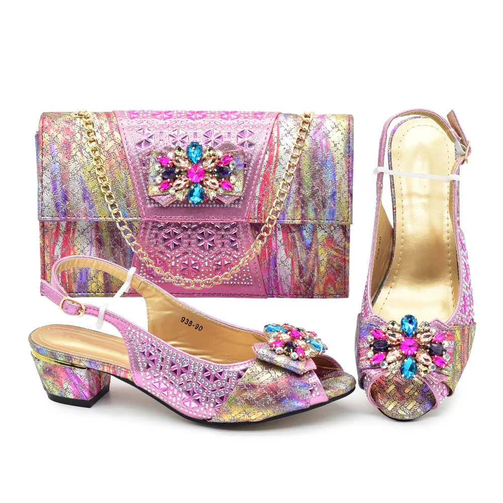 Matching Nigerian Party Shoes and Bags for Ladies Elegant Heeled Shoes for Women Rhinestone African Bag and Shoe Set