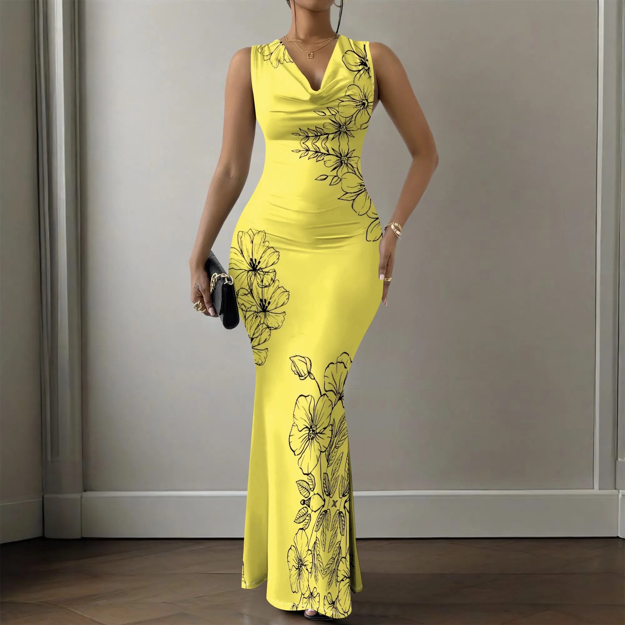 Women's V-Neck Sleeveless Maxi Dress Yellow Black Outline Floral Print Elegant Bodycon Summer Dress