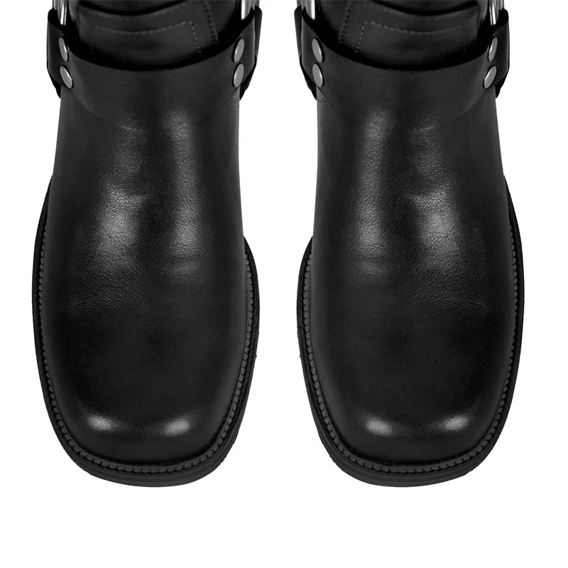 Women Gothic Black Round Toe Knee High Boots Heeled Metal Rivet Buckle Fashion 2023 Autumn Motorcycle Boots