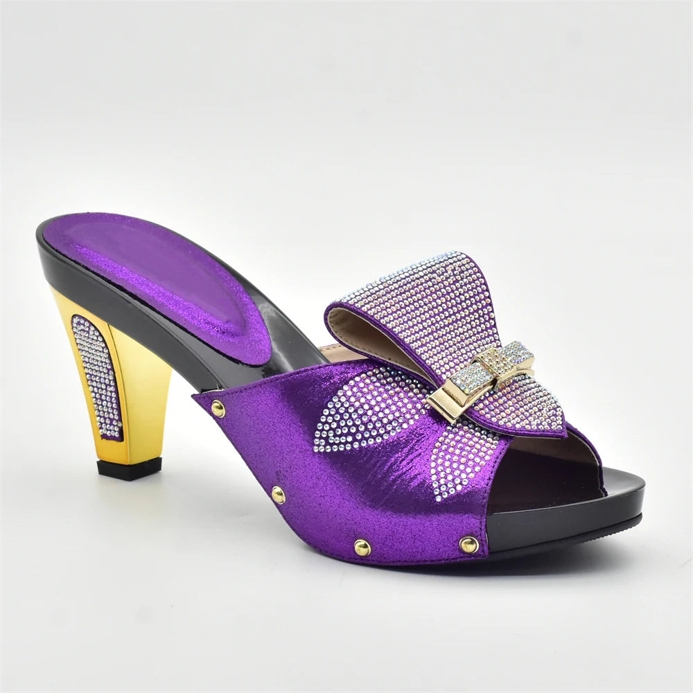 Gold Color Women Slippers Shoes African Women Wedding Shoes Elegant Italian Woman Shoes with Stone High Heels Woman Summer Pumps