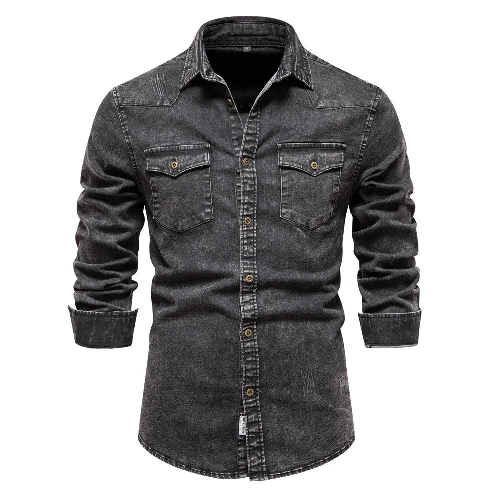 Men's Cotton Denim Shirts Double Pocket Solid Colour Casual Male Cowboy Shirts New Autumn Slim Quality Shirts for Men