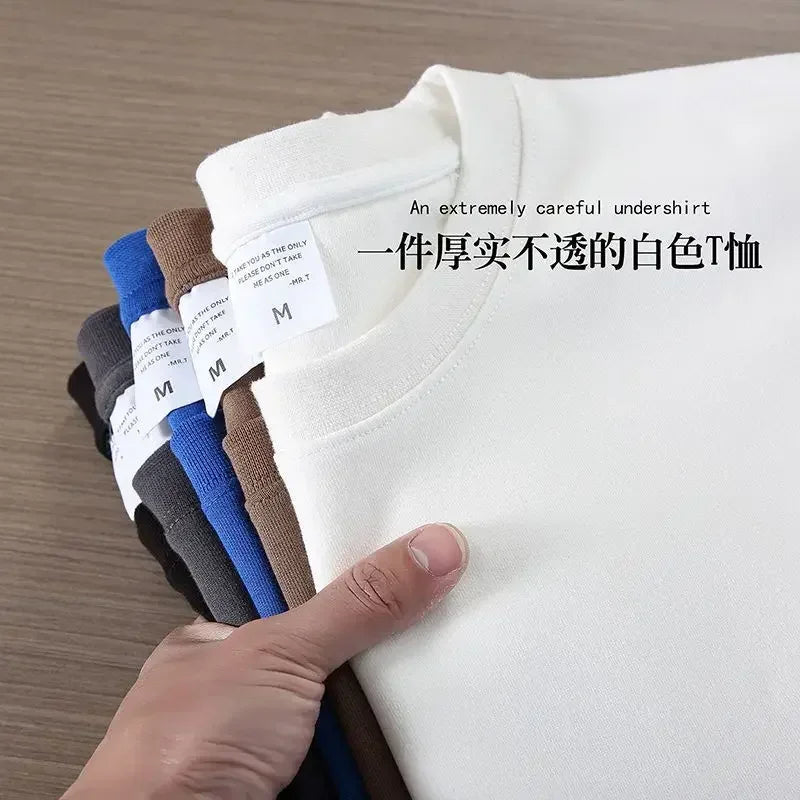 Black White GSM 500g Heavy-Duty Pure Cotton T-shirt Thickened Threaded Round Neck Short Sleeves Three Needle Half Sleeve Tees