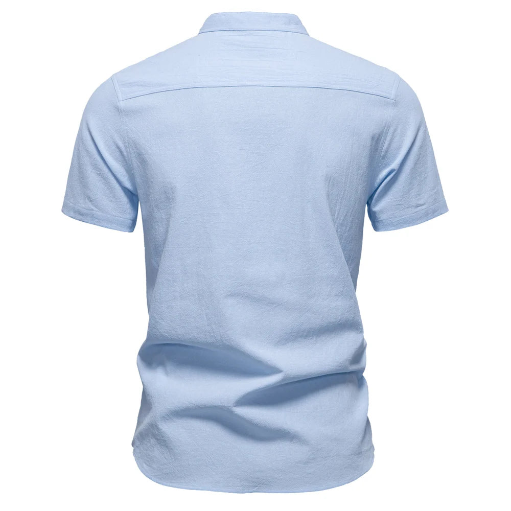 Men's Short Sleeve Solid Colour Linen Shirt Turn Down Collar Casual Summer Breathable Comfort Shirts for Men‌
