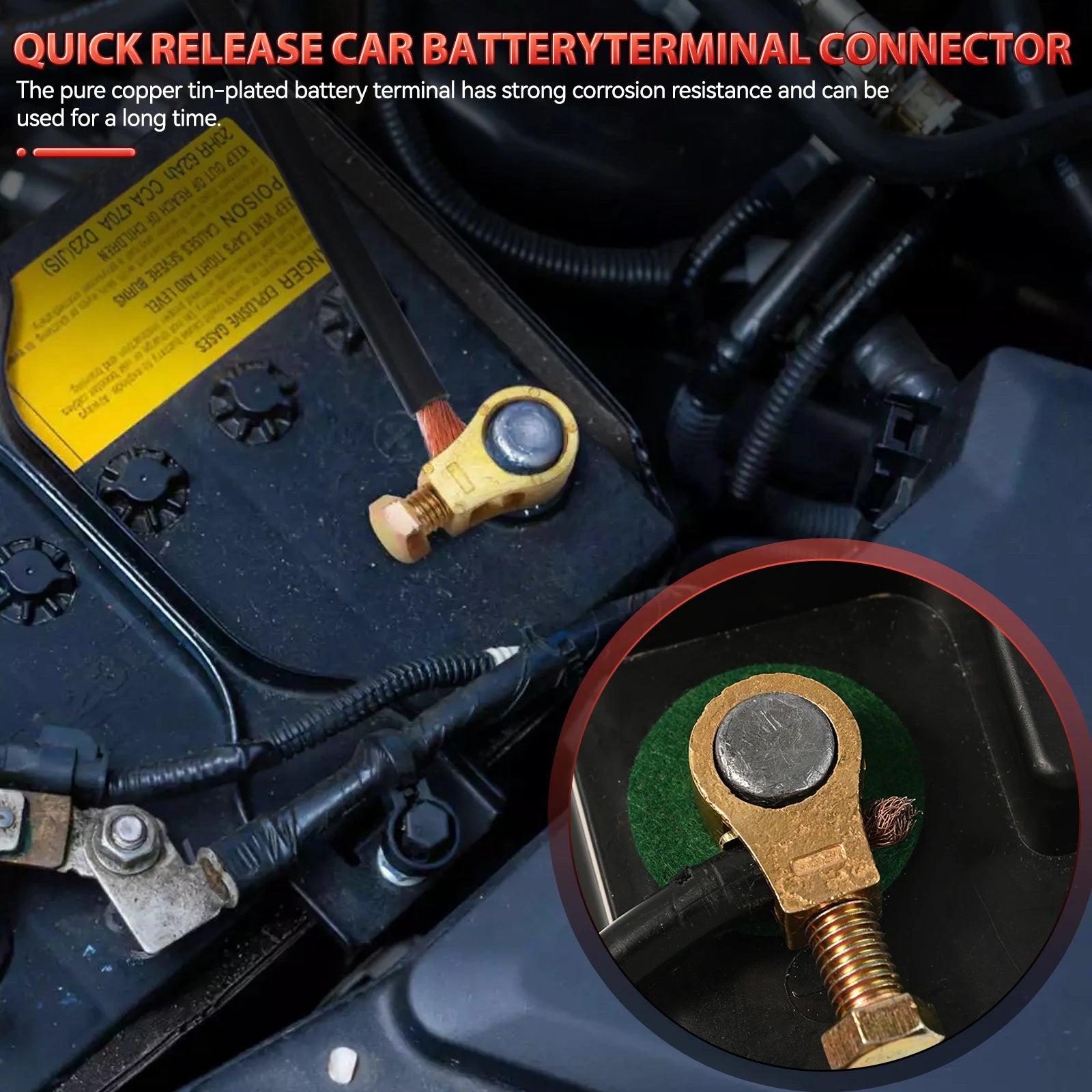 2pcs Pure Brass Car Battery Terminal Wire Cable Clamp Top Quick Post Positive & Negative Connection Clips with Washers Universal