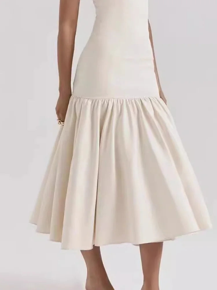 Elegant Ruffles Spliced Suspenders Long Dress Women Slim Square Collar Sleeveless Vestidos Summer Fashion Female Party Robe