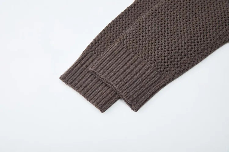 Men's Autumn/Winter Colour-Block Striped Polo Collar Knitted  High Quality Hollow Out Cardigan With 60% Cotton