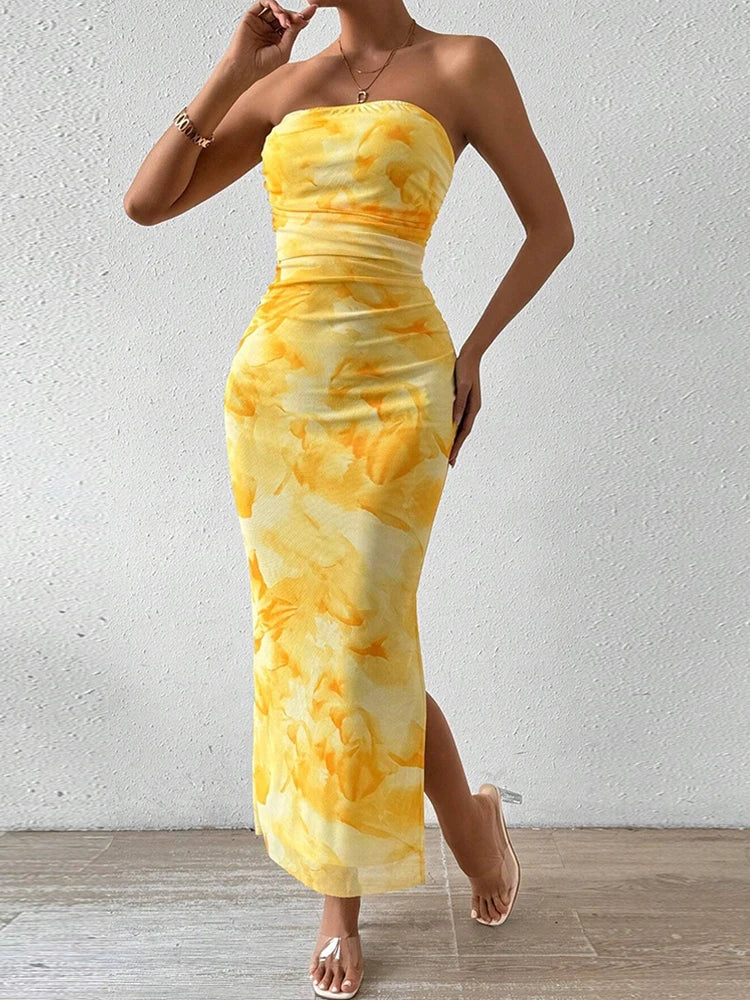 Dresses Summer Vacation Decent Graphic Print Strapless Sleeveless Off Shoulder Maxi Side Slit Dresses For Women