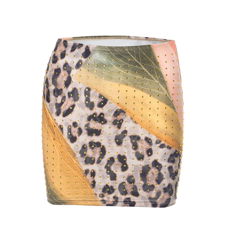 Rhinestones Leopard Print Skirts Women Wild Basic Wild Summer Trend Y2K Hottie Sexy Skinny Party Clubwear Mini Bottom