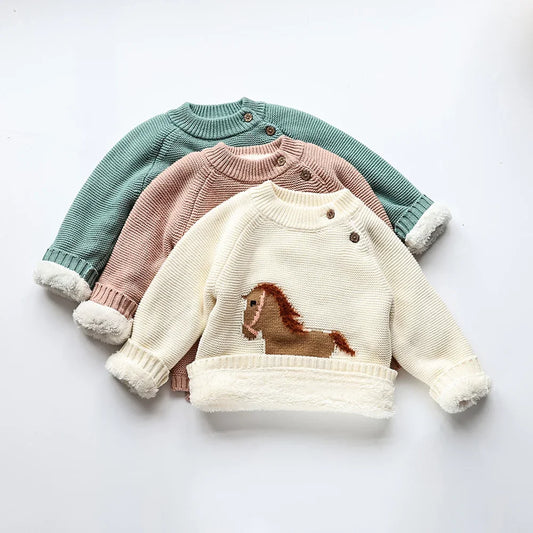Winter New Cartoon Kids Baby Sweaters Fur Lining Kids Knitwear Fleece Boys Girls Pullover Coat 1-6Y Unisex