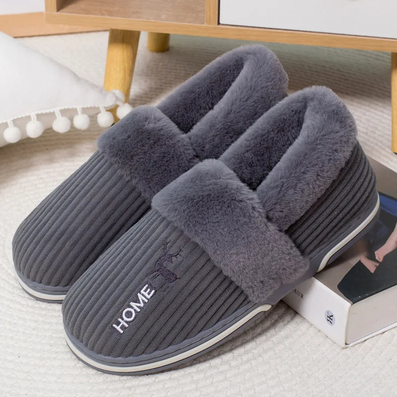 Men's Warm Plush House Slippers Indoor Anti-slip Winter Fluffy Slides With Waterproof Short Plush Male Cotton Shoes